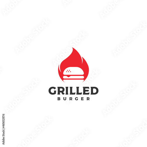 burger with fire, grilled burger logo design vector