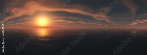Ocean at sunrise, sunset at sea, panorama of seascape, 3D rendering © ustas