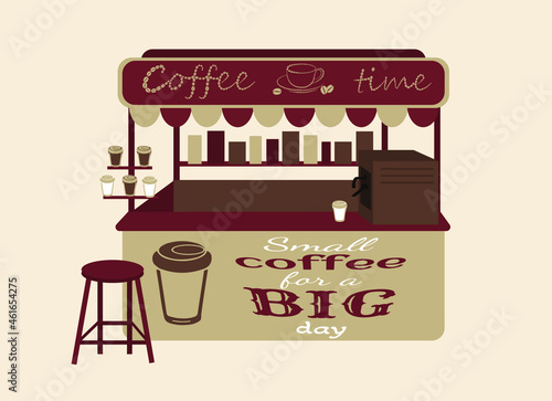 Stall counter selling coffee. Flat vector illustration of a  street stall with a canopy and coffee machine. Stylish wooden counter with coffee to take away. Street food.