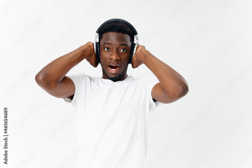 surprised male african appearance headphones music entertainment studio surprised male african appearance headphones music entertainment studio