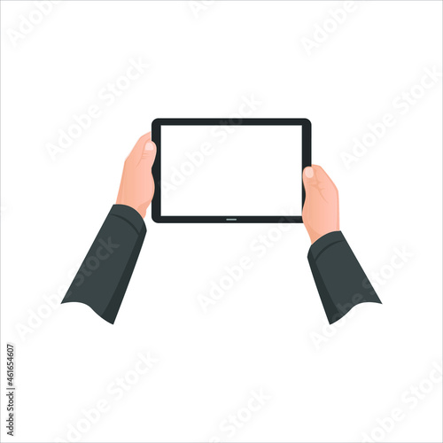 Tablet with hands vector illustration sketch drawing. Hand holding a tab mobile in illustration. Hand touching on tab screen in vector illustration. 