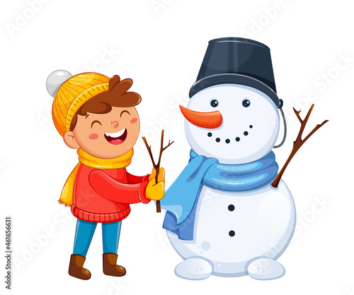 Merry Christmas. Cheerful kid playing with snowman