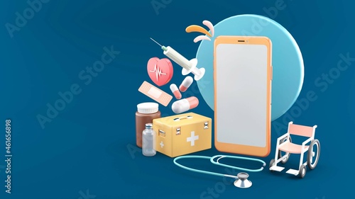 .Smartphone is surounding with Wheelchairs, heartbeat, Medication Capsules, Syringes, Medicine Box, and Stethoscope on a blue background.-3d rendering. photo