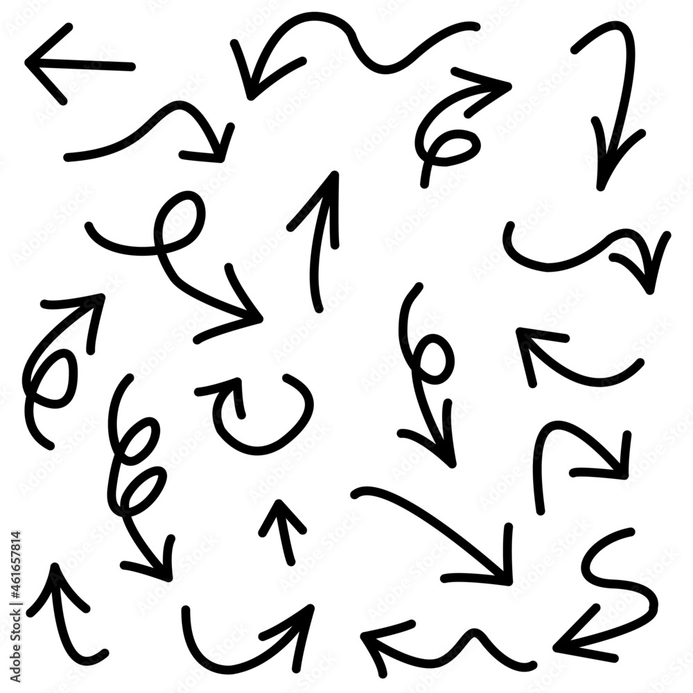 Set of black directional pencil sketch symbols of doodle hand-drawn arrows. for web design graphics on white background. Vector illustration