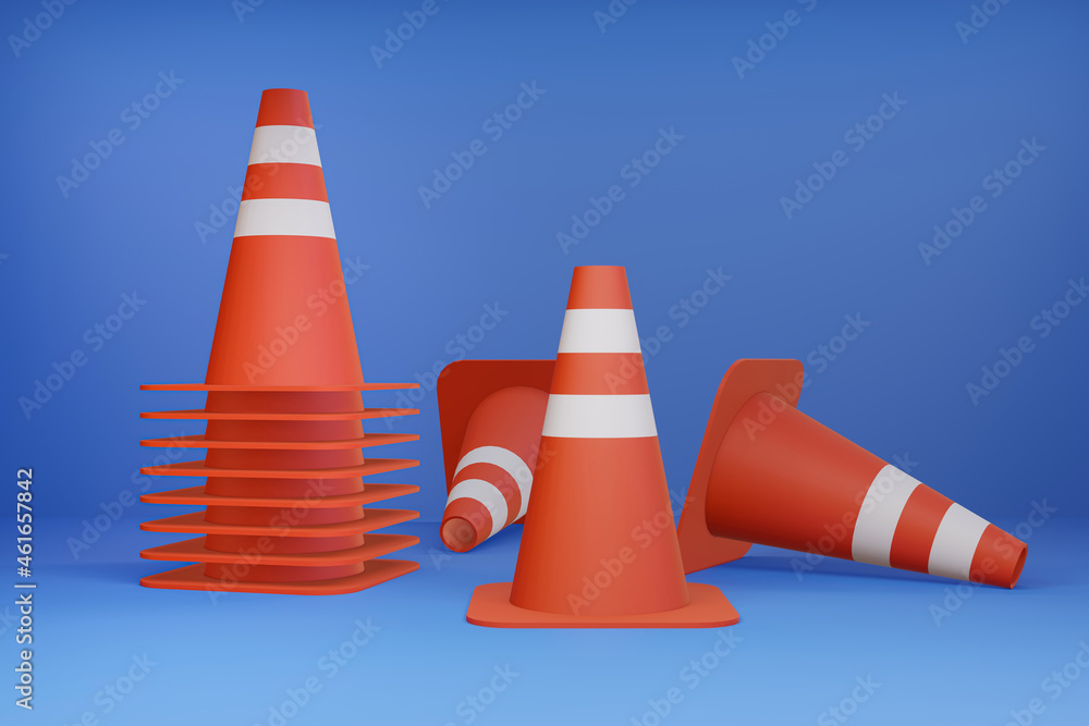 3D cartoon 3d traffic cones with white and orange stripes isolated on the blue background - 3D illustration 3D cartoon 3d traffic cones with white and orange stripes isolated on the blue background - 3D illustration