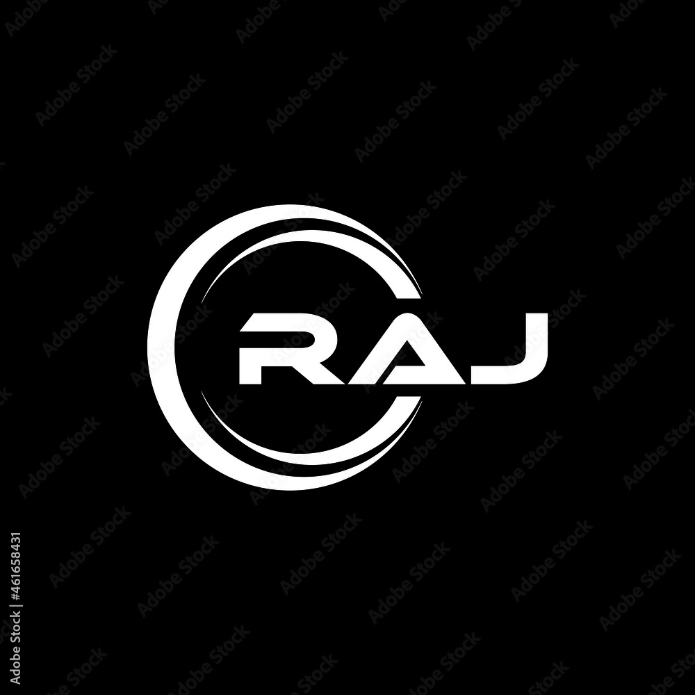 RAJ letter logo design with black background in illustrator, vector logo modern alphabet font overlap style. calligraphy designs for logo, Poster, Invitation, etc. - obrazy, fototapety, plakaty 