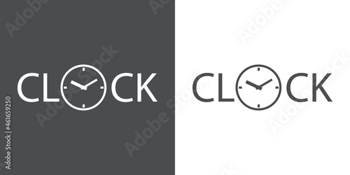 Banner con texto Clock con esfera de reloj como letra O en fondo gris y fondo blanco