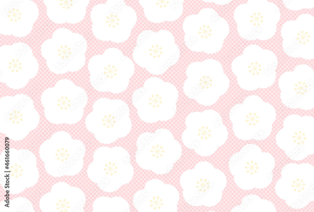 イラスト素材:年賀状2022テンプレート　背景ピンク白梅柄×市松模様　壁紙
