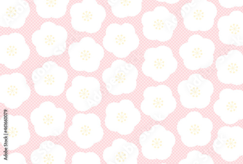 イラスト素材:年賀状2022テンプレート 背景ピンク白梅柄×市松模様 壁紙 