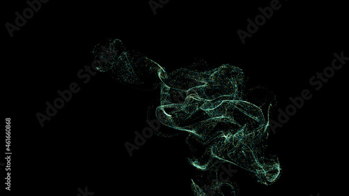 green fluid on a black background. abstract minimalistic background with fluid motion of small particles. 3d rendering