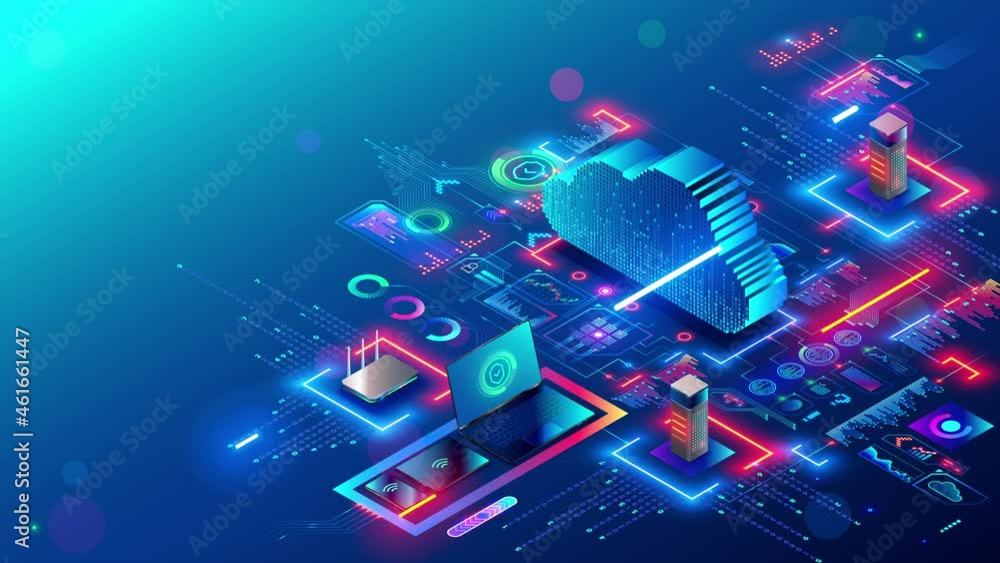 Cloud technology. digital data synchronization with data storage through internet. Computer technology abstract isometric 3d rendering animation. Server IOT in datacenter communication with devices.
