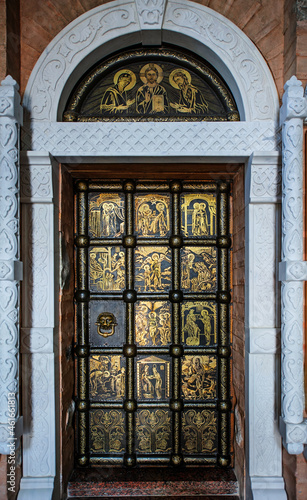 Decorative ornate door of tiles in Kyiv Pechersk Lavra in Kyiv Ukraine