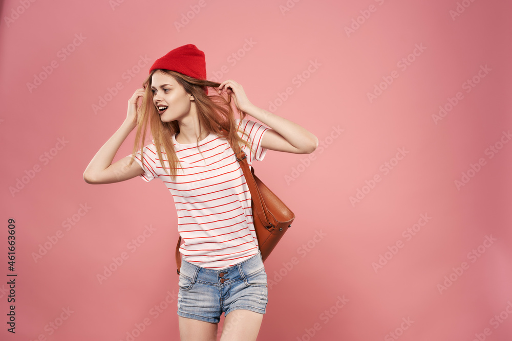 pretty fashion woman modern stylish bag pink background pretty fashion woman modern stylish bag pink background