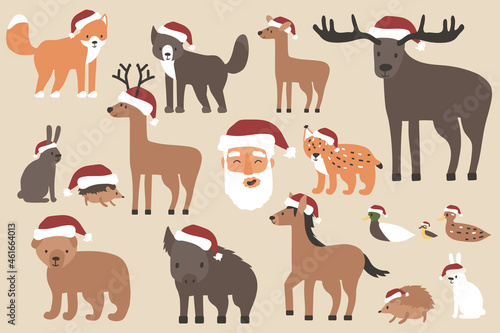 Set of Christmas forest animals in Santa hats, Santa Claus happy face. Cartoon isolated vector fox, wolf, bear, bear cub, elk, deer, fallow deer, hedgehog, hare, duck, duckling, lynx, horse, wild boar