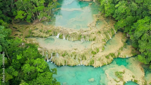 An aerial 4K footage of the beautiful beautiful Semuc Champey Pool in Guatemala