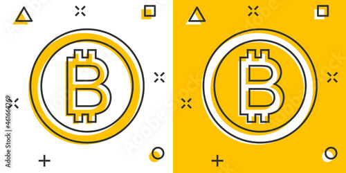 Bitcoin icon in comic style. Blockchain cartoon vector illustration on white isolated background. Cryptocurrency splash effect business concept.