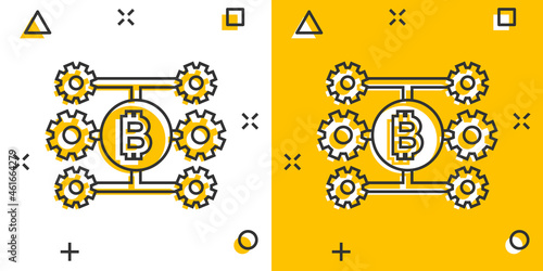 Bitcoin icon in comic style. Blockchain cartoon vector illustration on white isolated background. Cryptocurrency splash effect business concept.