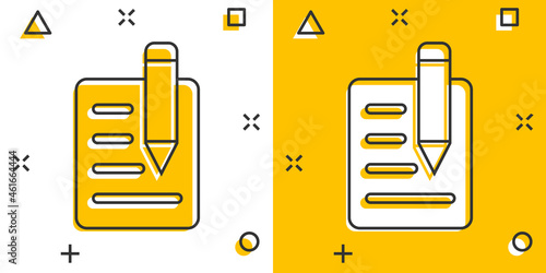 Blogging icon in comic style. Document with pen cartoon vector illustration on white isolated background. Content splash effect business concept.