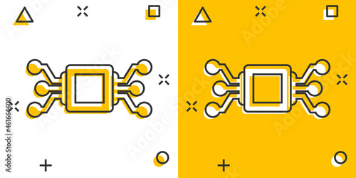 Computer chip icon in comic style. Circuit board cartoon vector illustration on white isolated background. Cpu processor splash effect business concept.