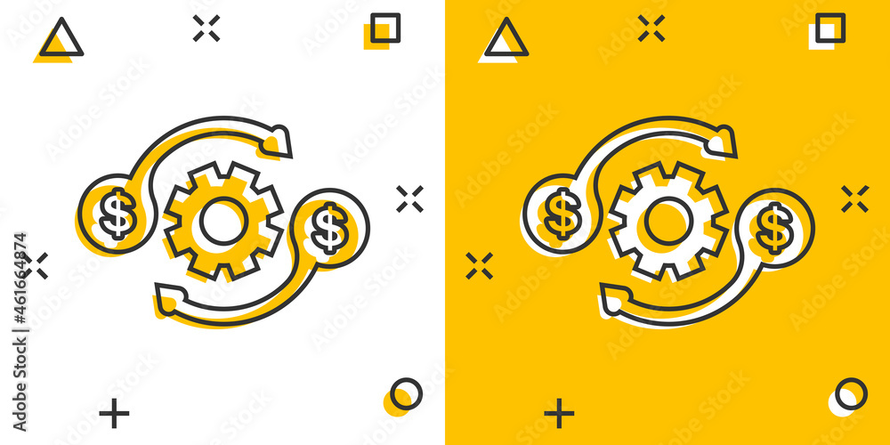 Fototapeta premium Money optimization icon in comic style. Gear effective cartoon vector illustration on white isolated background. Finance process splash effect business concept.