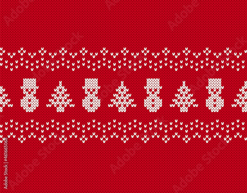 Knit seamless pattern. Christmas red background with tree and snowman. Knitted sweater print. Xmas geometric border. Holiday fair isle traditional texture. Festive winter ornament. Vector illustration