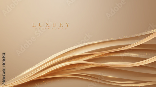 Abstract background with elegant brown wave shapes with sparkling golden curved lines