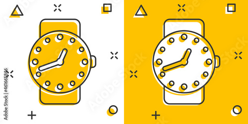 Wrist watch icon in comic style. Hand clock cartoon vector illustration on white isolated background. Time bracelet splash effect business concept.
