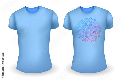 Blank blue male t shirt realistic template and blue t shirt with mandala. Vector