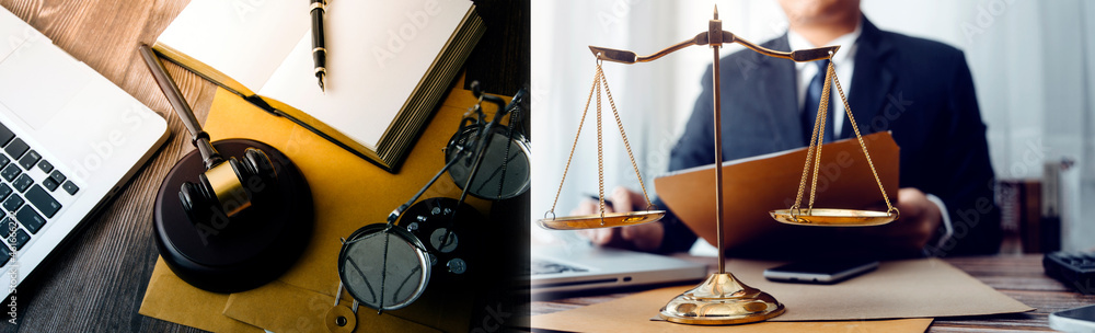 Male lawyer working with contract papers and wooden gavel on tabel in courtroom. justice and law ,attorney, court judge, concept. Male lawyer working with contract papers and wooden gavel on tabel in courtroom. justice and law ,attorney, court judge, concept.