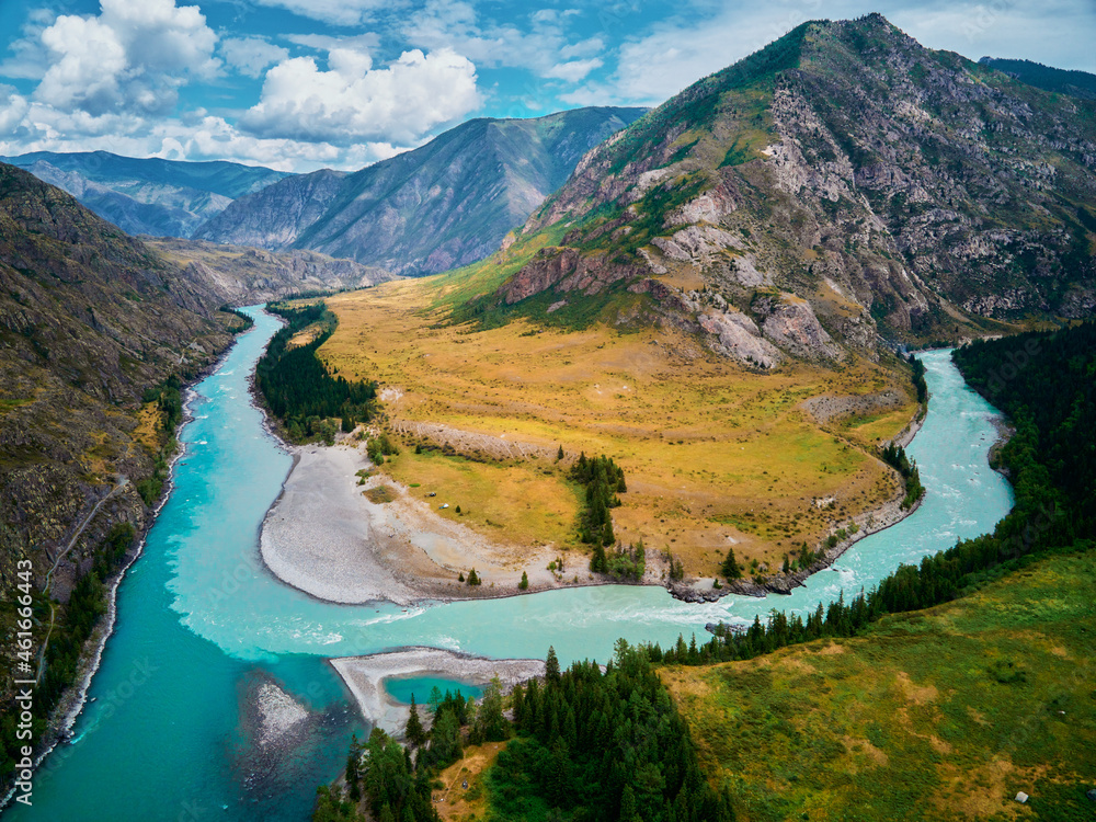The confluence of mountain rivers - Argut and Katun.Gorny Altai Russia. - obrazy, fototapety, plakaty 