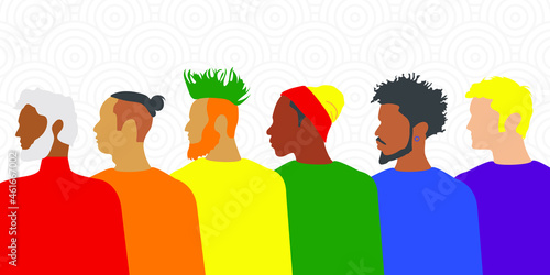 Diverse modern men of different nationalities and religions are fighting for their rights. LGBT Pride Month. Rainbow love concept. Human rights and tolerance. Vector.