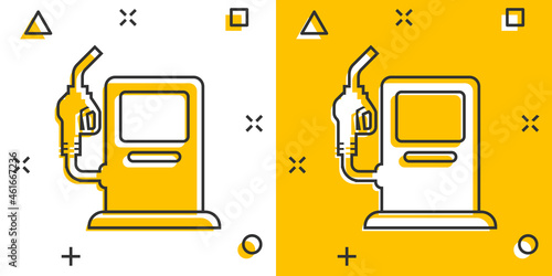 Fuel pump icon in comic style. Gas station cartoon sign vector illustration on white isolated background. Petrol splash effect business concept.