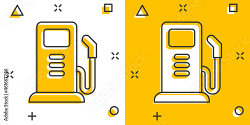 Fuel pump icon in comic style. Gas station cartoon sign vector illustration on white isolated background. Petrol splash effect business concept.