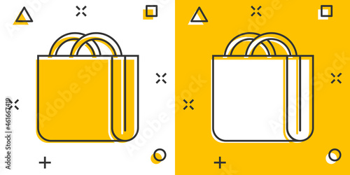 Shopping bag icon in comic style. Handbag cartoon sign vector illustration on white isolated background. Package splash effect business concept.