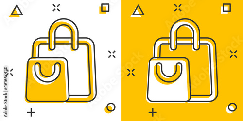 Shopping bag icon in comic style. Handbag cartoon sign vector illustration on white isolated background. Package splash effect business concept.