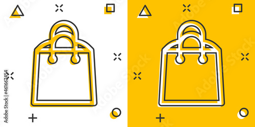 Shopping bag icon in comic style. Handbag cartoon sign vector illustration on white isolated background. Package splash effect business concept.