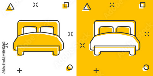 Bed icon in comic style. Bedroom cartoon sign vector illustration on white isolated background. Bedstead splash effect business concept.