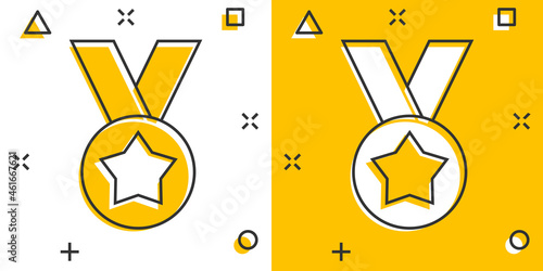 Medal icon in comic style. Prize cartoon sign vector illustration on white isolated background. Trophy award splash effect business concept.