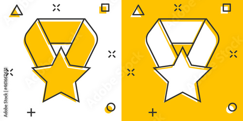 Medal icon in comic style. Prize cartoon sign vector illustration on white isolated background. Trophy award splash effect business concept.