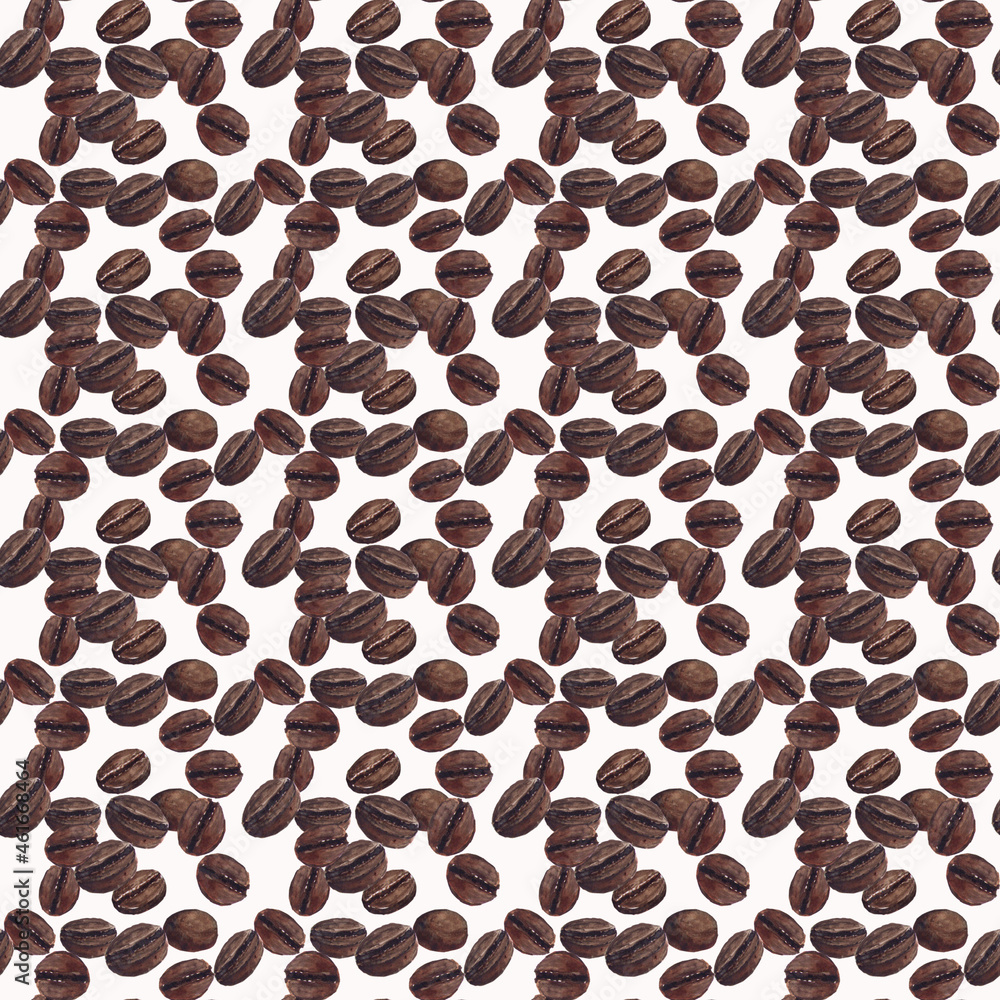 Obraz premium Coffee beans seamless pattern, Hand drawn coffee texture, Repeated watercolor beans on white background, for wrapping, menu, cafes, textile, printing