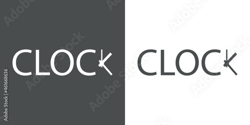 Banner con texto Clock con manecillas de reloj como letra K en fondo gris y fondo blanco