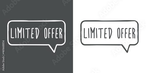 Banner con texto manuscrito Limited Offer con silueta de burbuja de habla con lineas en fondo gris y fondo banco