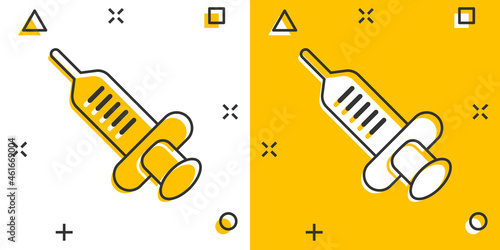 Syringe icon in comic style. Inject needle cartoon vector illustration on white isolated background. Drug dose splash effect business concept.