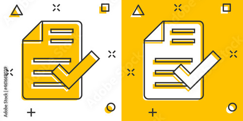 Approved document icon in comic style. Authorize cartoon vector illustration on white isolated background. Agreement check mark splash effect business concept.
