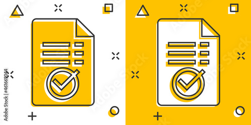 Approved document icon in comic style. Authorize cartoon vector illustration on white isolated background. Agreement check mark splash effect business concept.