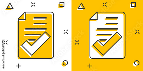 Approved document icon in comic style. Authorize cartoon vector illustration on white isolated background. Agreement check mark splash effect business concept.