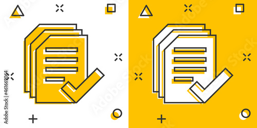 Approved document icon in comic style. Authorize cartoon vector illustration on white isolated background. Agreement check mark splash effect business concept.