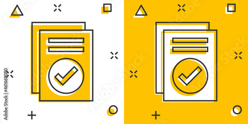Approved document icon in comic style. Authorize cartoon vector illustration on white isolated background. Agreement check mark splash effect business concept.