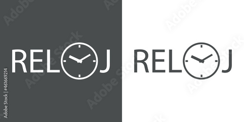 Banner con texto Reloj en español con esfera de reloj como letra O en fondo gris y fondo blanco