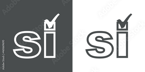 Logotipo con silueta de palabra Si en español con letra i como casilla de verificación con checkmark en fondo gris y fondo blanco